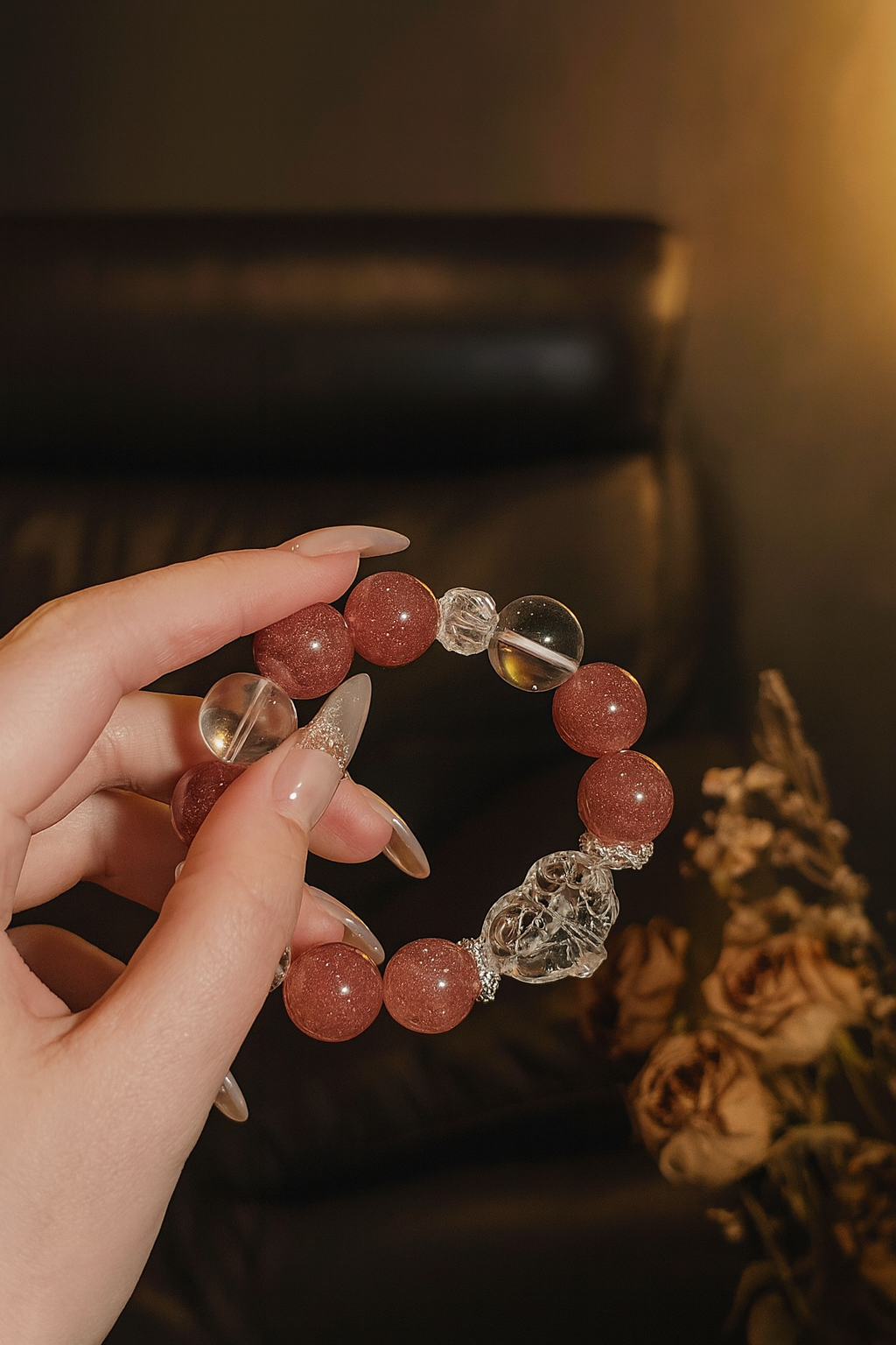 Strawberry Quartz & White Phantom Crystal Bracelet
