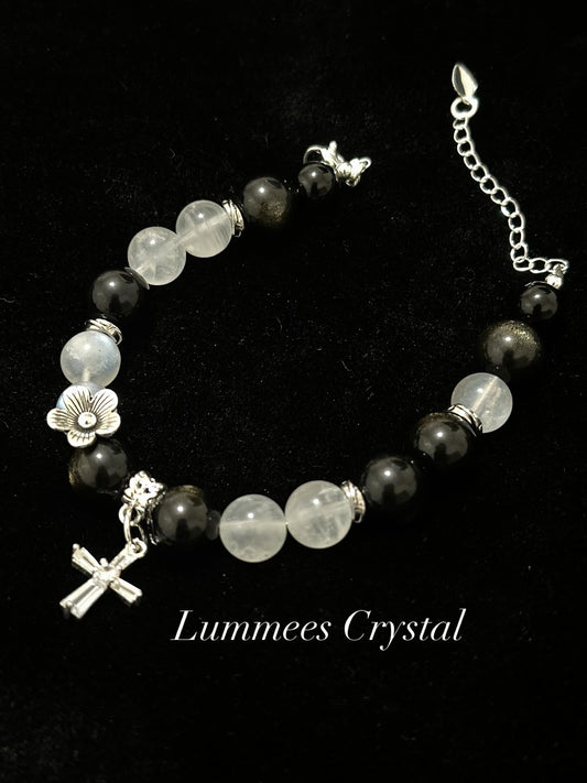 Protection & Focus | Gold Obsidian &amp; Blue Moonstone Bracelet