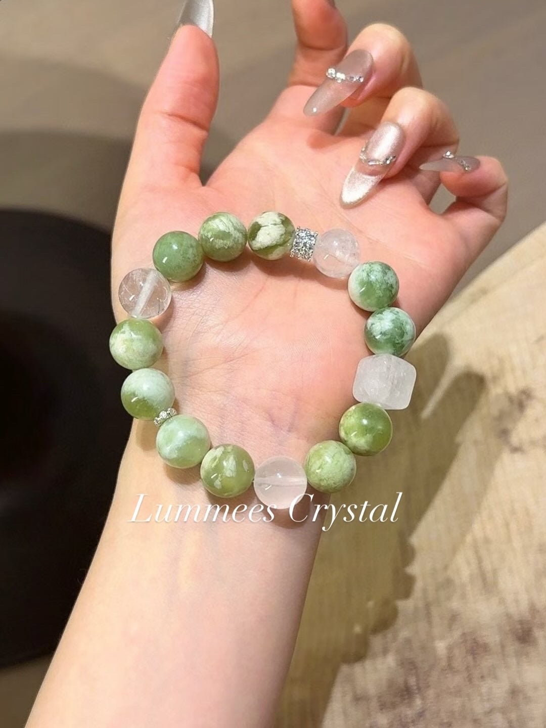 Stress Relief | Serpentine Jade White Phantom Clear Quartz Cube Bracelet