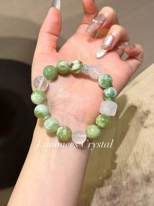 Stress Relief | Serpentine Jade White Phantom Clear Quartz Cube Bracelet